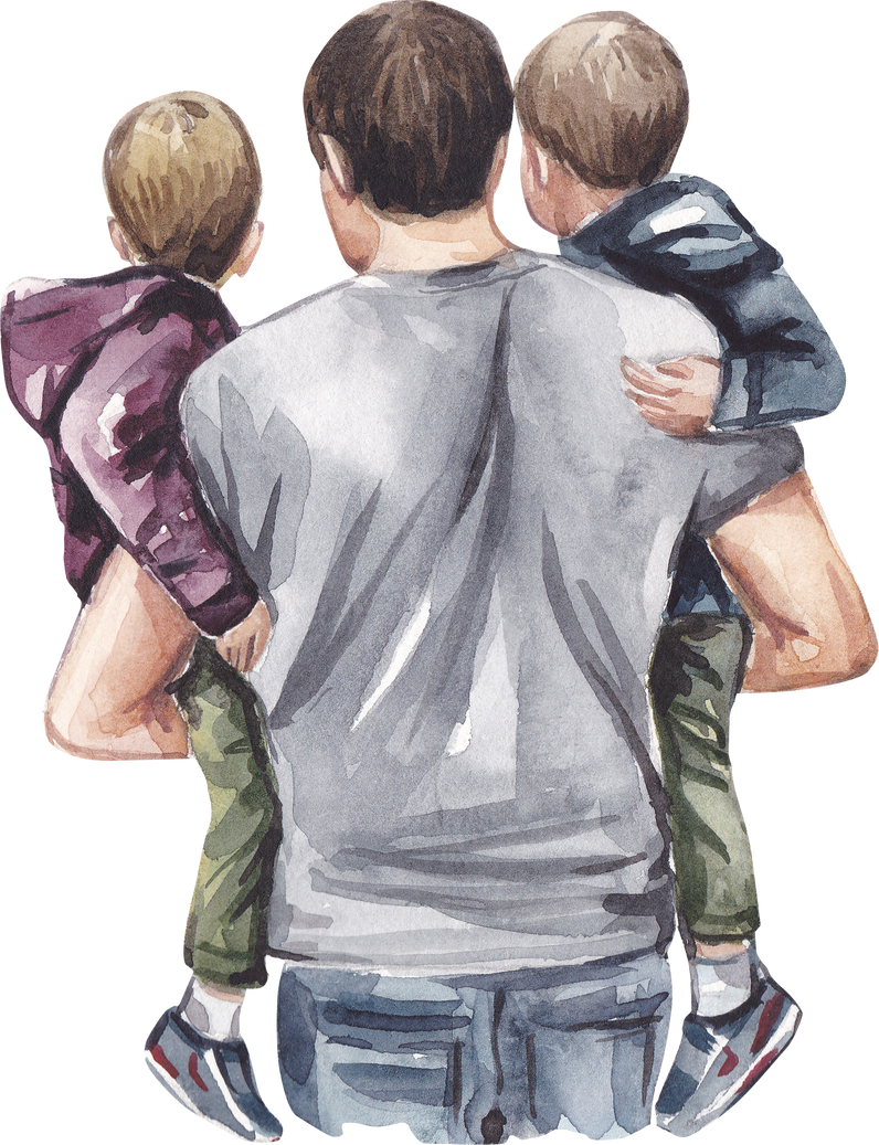 Watercolor Illustration of Father with Two Sons on Walk