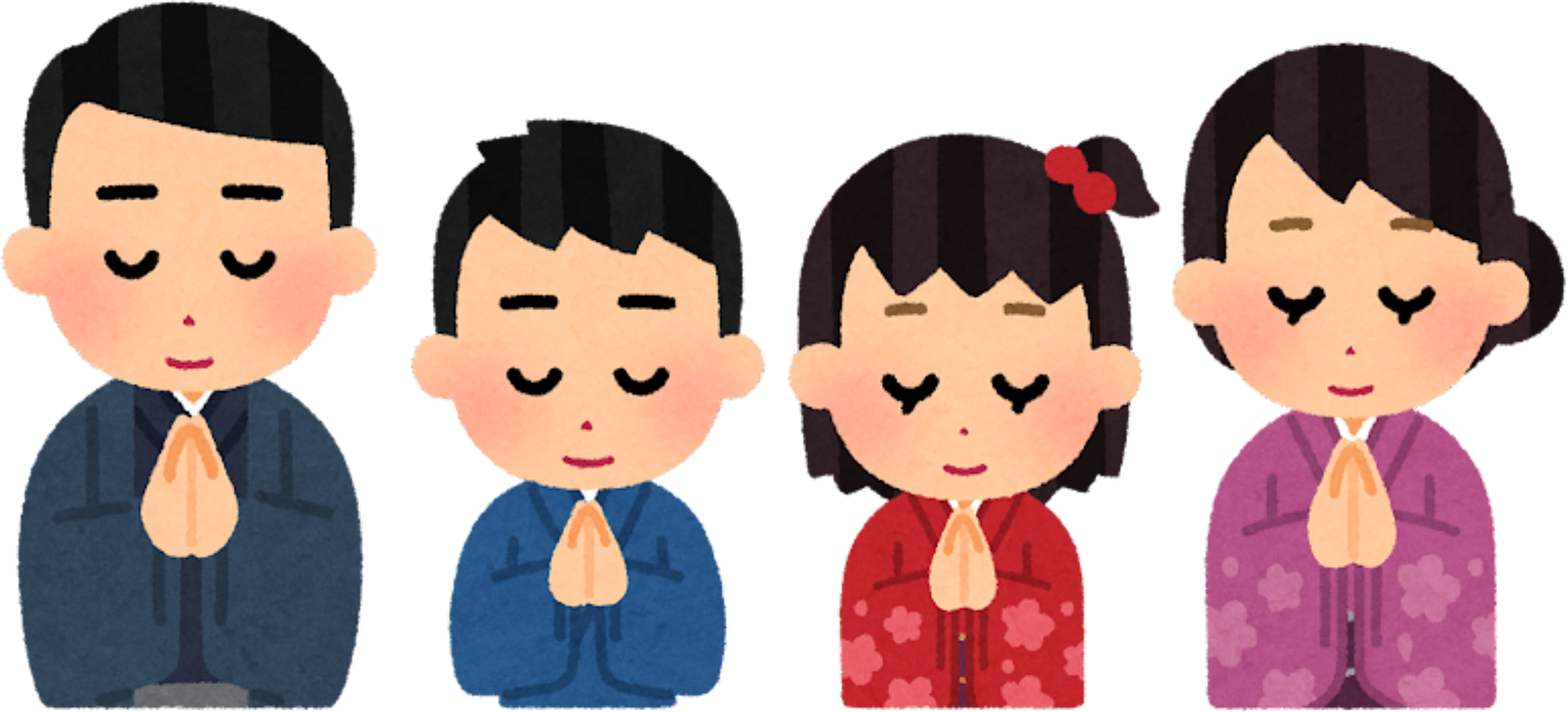 Illustration of a Family in Kimonos Praying with Hands Together